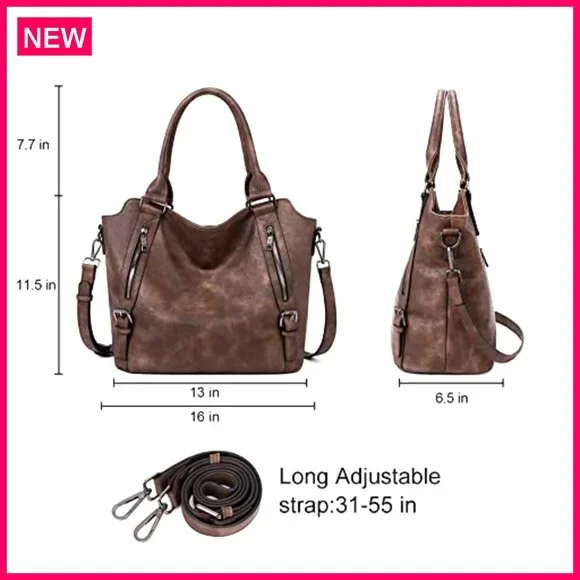Large Vegan Leather Hobo Bag with Adjustable Strap, Multiple Pockets
